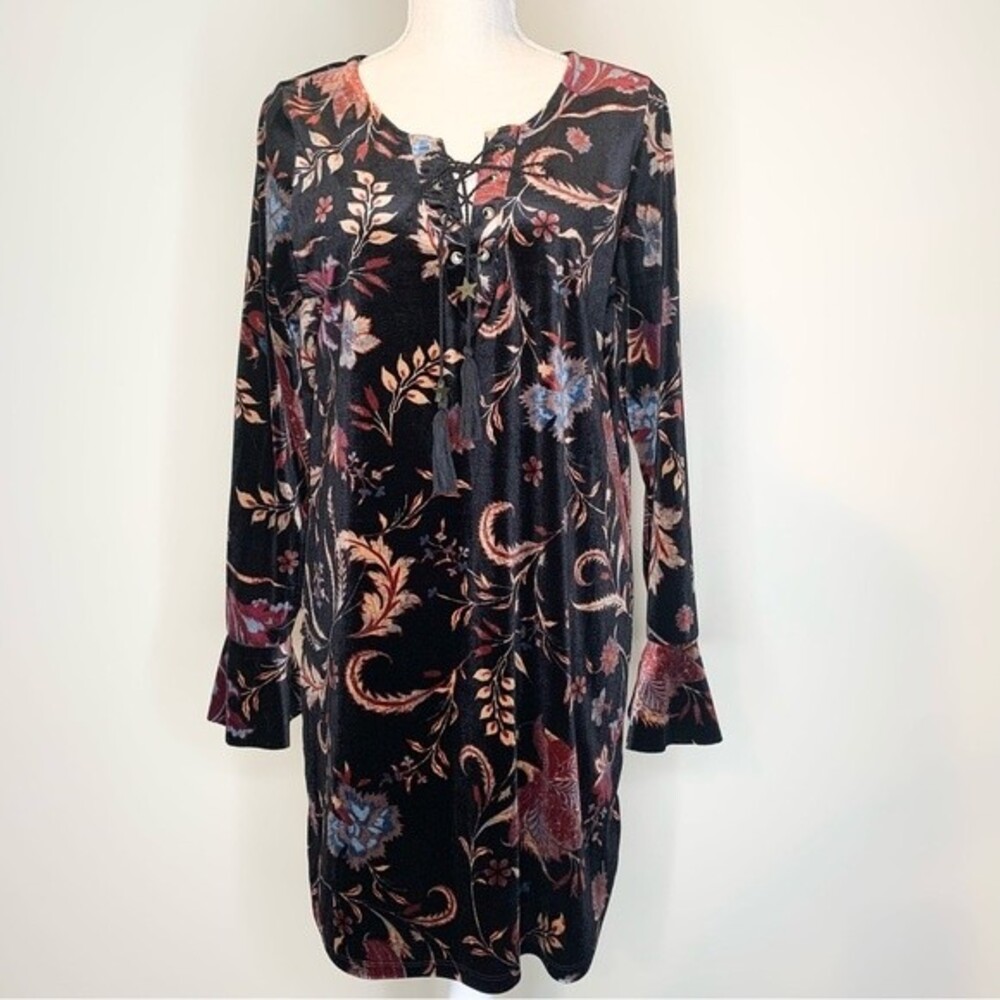 Wild Pearl Floral Bohemian Lace Up Flare Sleeve Burnout Velvet Mini Dress Large